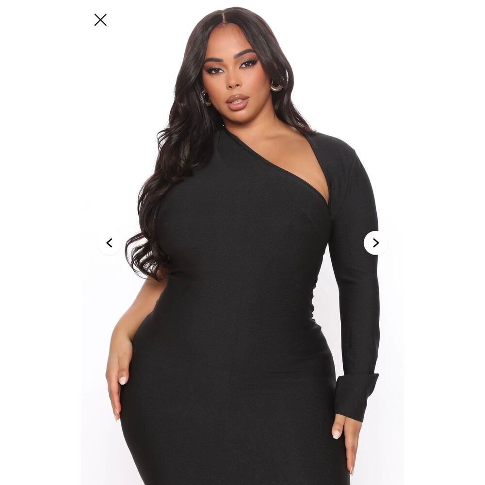 NWT Fashion Nova My Love Bandage Midi Dress Black Size 1X Shoulder Long Sleeve